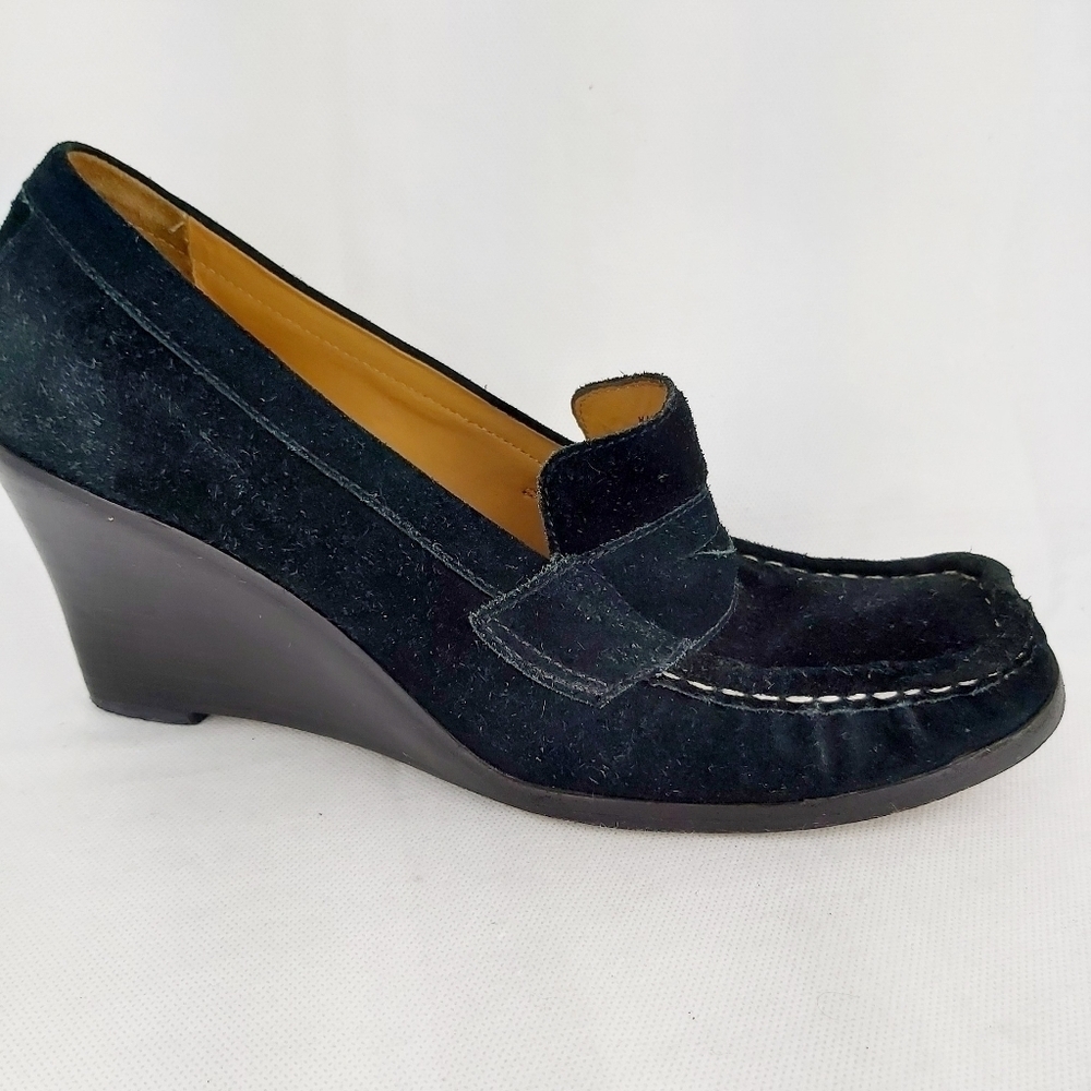 Vintage wedge suede genuine leather slip on shoes penny loafers Size 9.5M